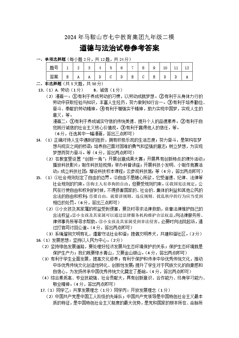 马鞍山市第七中学教育集团2024年九年级二模-道法答案第1页