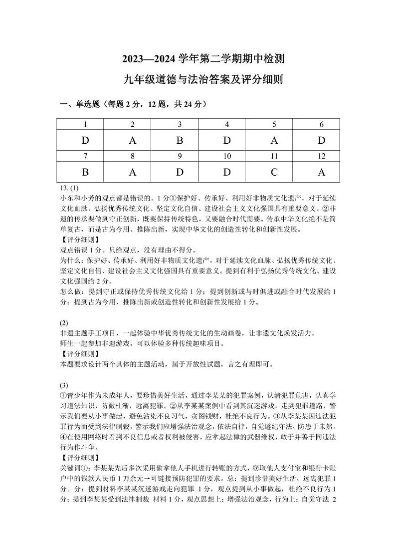 2024年4月深圳市南外+南二外集团初三联考道法答案第1页