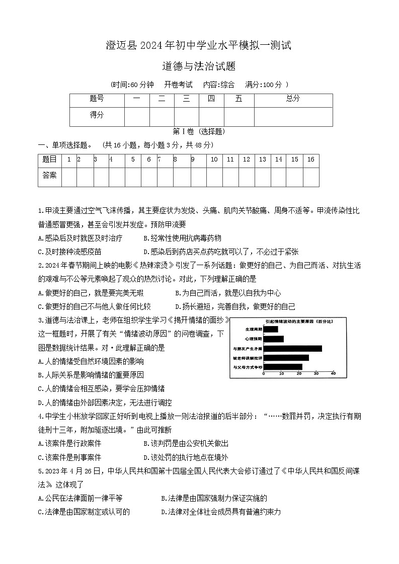 2024年海南省省直辖县级行政单位澄迈县中考一模道德与法治试题01