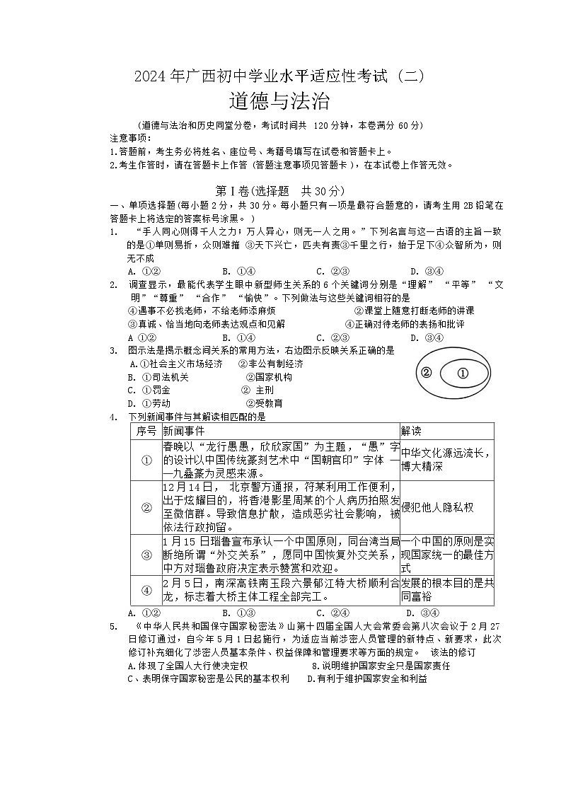 2024年广西初中学业水平考试适应性考试道德与法治试题（二）01