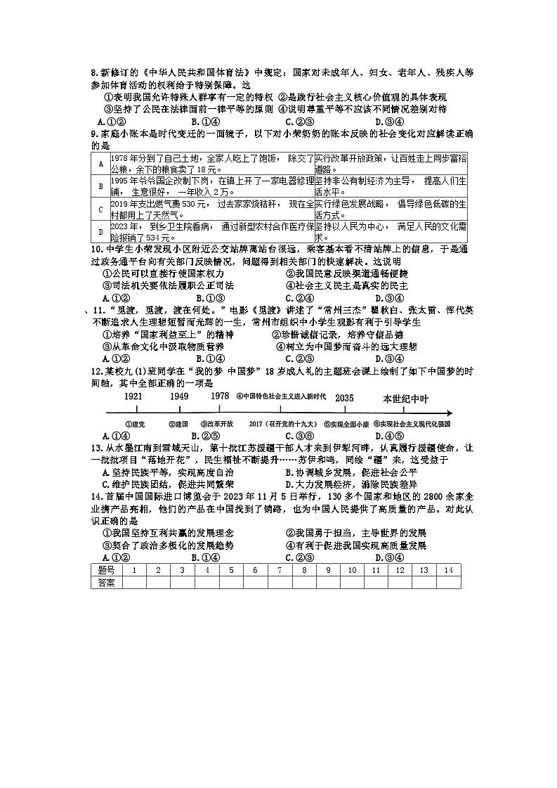 2024年江苏省常州市中考模拟练习道德与法治试卷（一）02