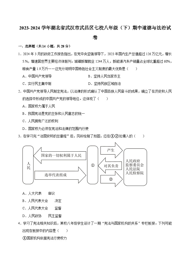 湖北省武汉市武昌区七校2023-2024学年八年级下学期期中道德与法治试题01