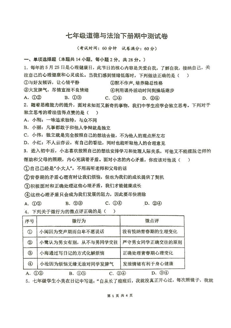 湖北省崇阳县大集中学二分校2023-2024学年七年级下学期期中质量监测道德与法治试题第1页