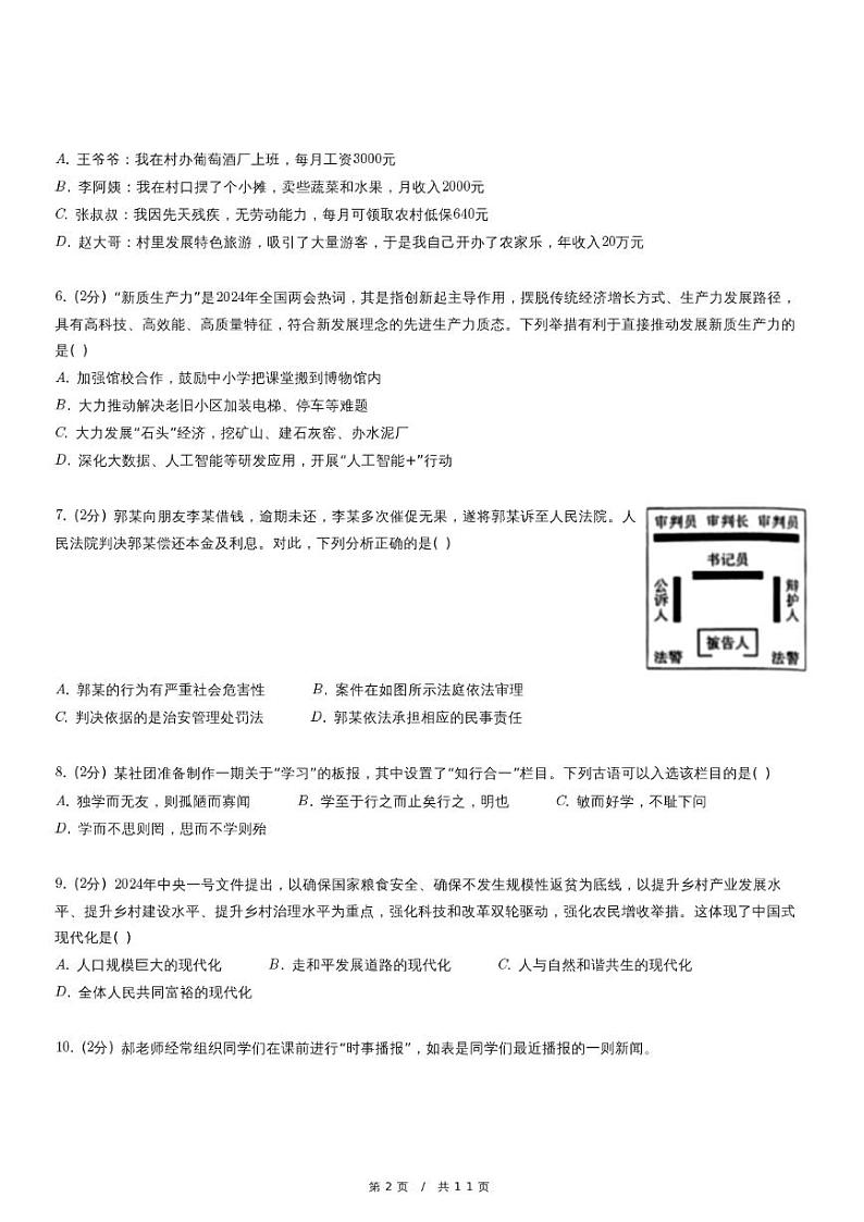 2024年山西省太原市多校中考道德与法治练习试卷02