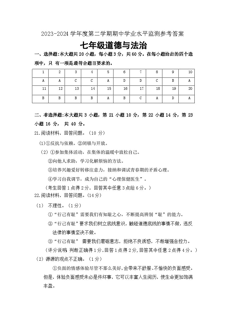 广东省韶关市新丰县2023-2024学年七年级下学期期中考试道德与法治试题01