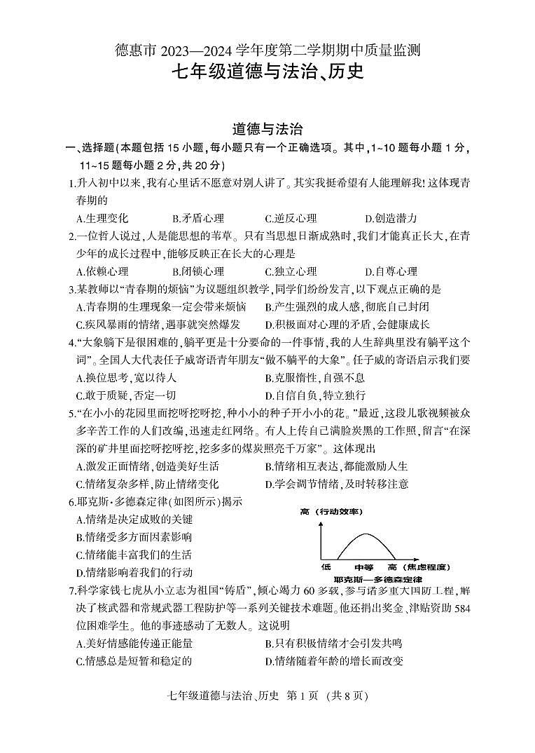 吉林省德惠市2023-2024年七年级下学期期中考试综合道德与法治试题第1页