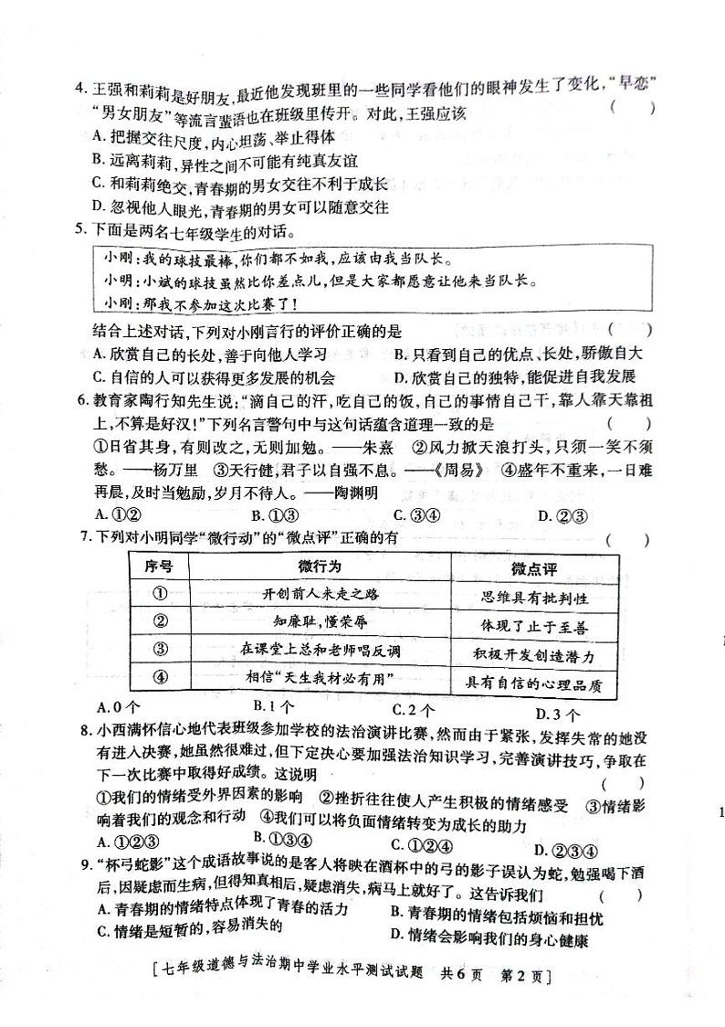 陕西省永寿县义井中学2023-2024学年七年级下学期期中检测道德与法治试卷+02