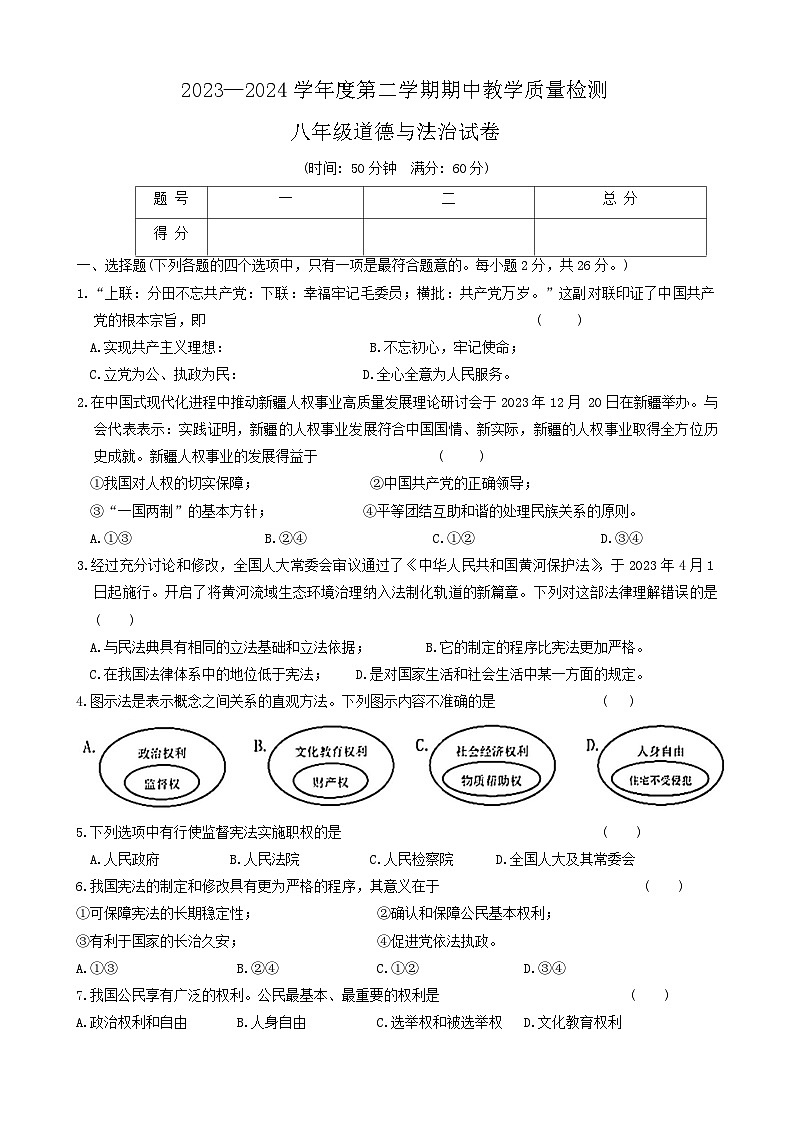 吉林省松原市长岭县2023-2024学年八年级下学期期中教学质量检测道德与法治试卷第1页