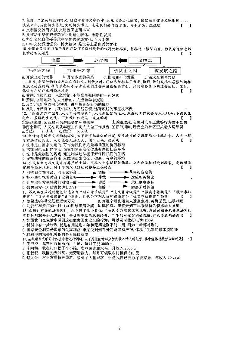 2024年河南省信阳市商城县中考二模道德与法治试题02