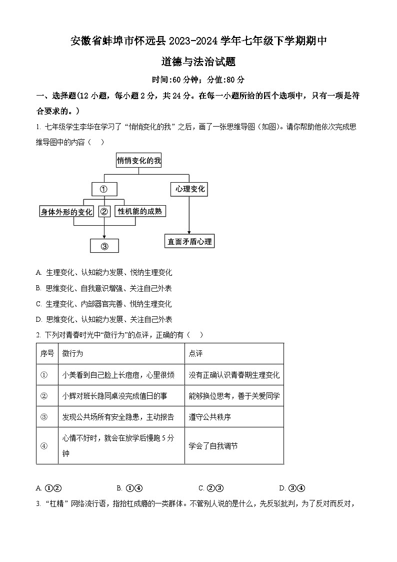 安徽省蚌埠市怀远县2023-2024学年七年级下学期期中道德与法治试题（原卷版）第1页