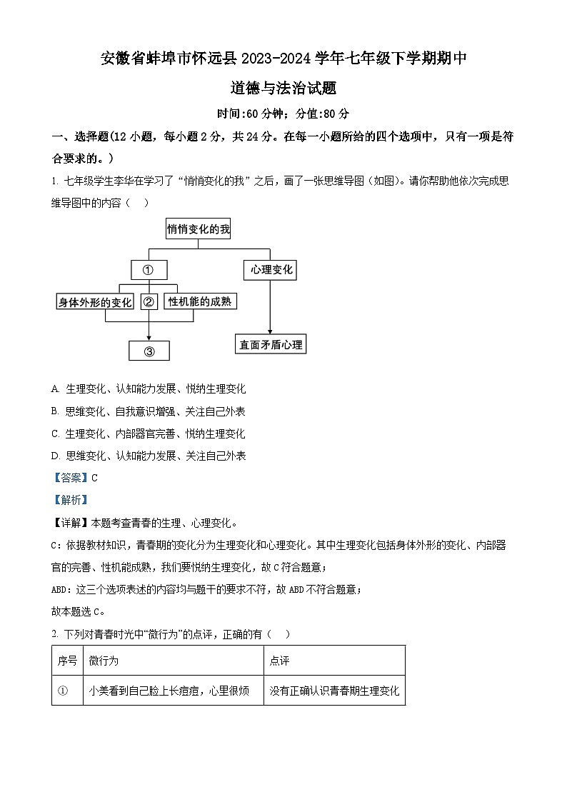 安徽省蚌埠市怀远县2023-2024学年七年级下学期期中道德与法治试题（解析版）第1页