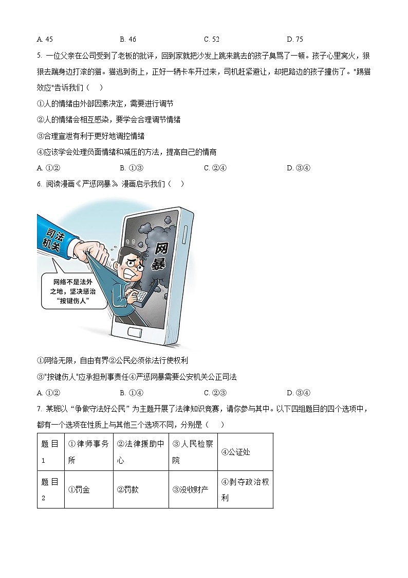 2024年山东省邹平市魏桥实验学校中考一模道德与法治试题（原卷版）第2页