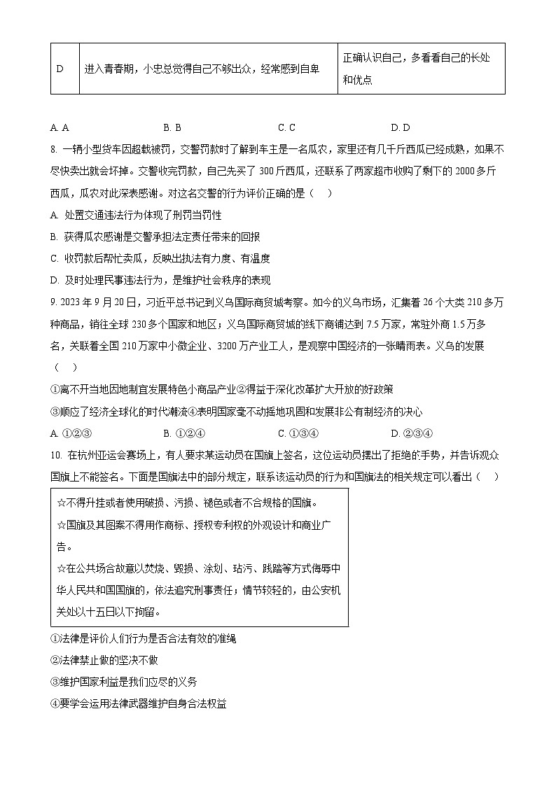 2024年河南省商丘市夏邑县多校联考中考一模道德与法治试题（原卷版+解析版）03