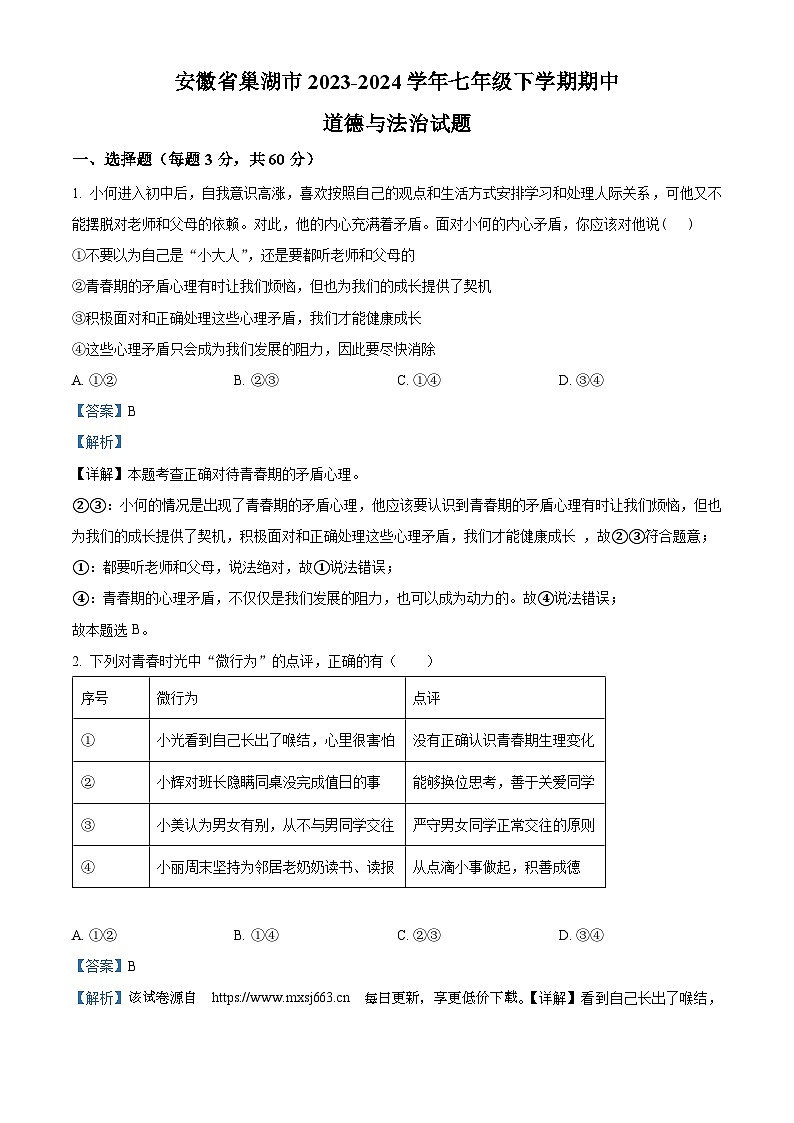 71，安徽省巢湖市2023-2024学年七年级下学期期中道德与法治试题第1页