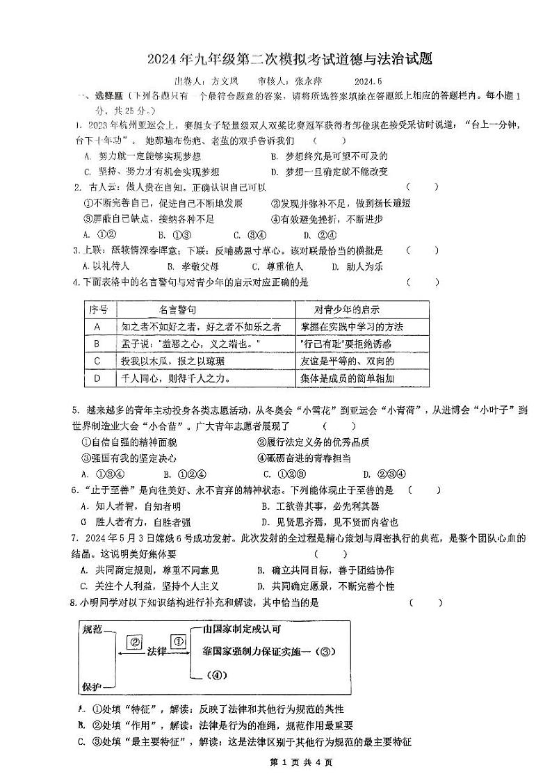 2024年江苏省扬州市翠岗中学中考第二次模拟道德与法治试卷01