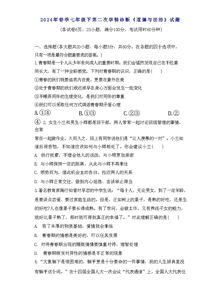 广东省惠州市惠阳区惠阳中山中学2023-2024学年七年级下学期5月期中道德与法治试题第1页