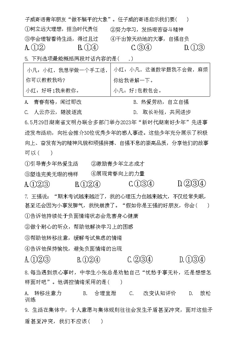 广东省惠州市惠阳区惠阳中山中学2023-2024学年七年级下学期5月期中道德与法治试题第2页