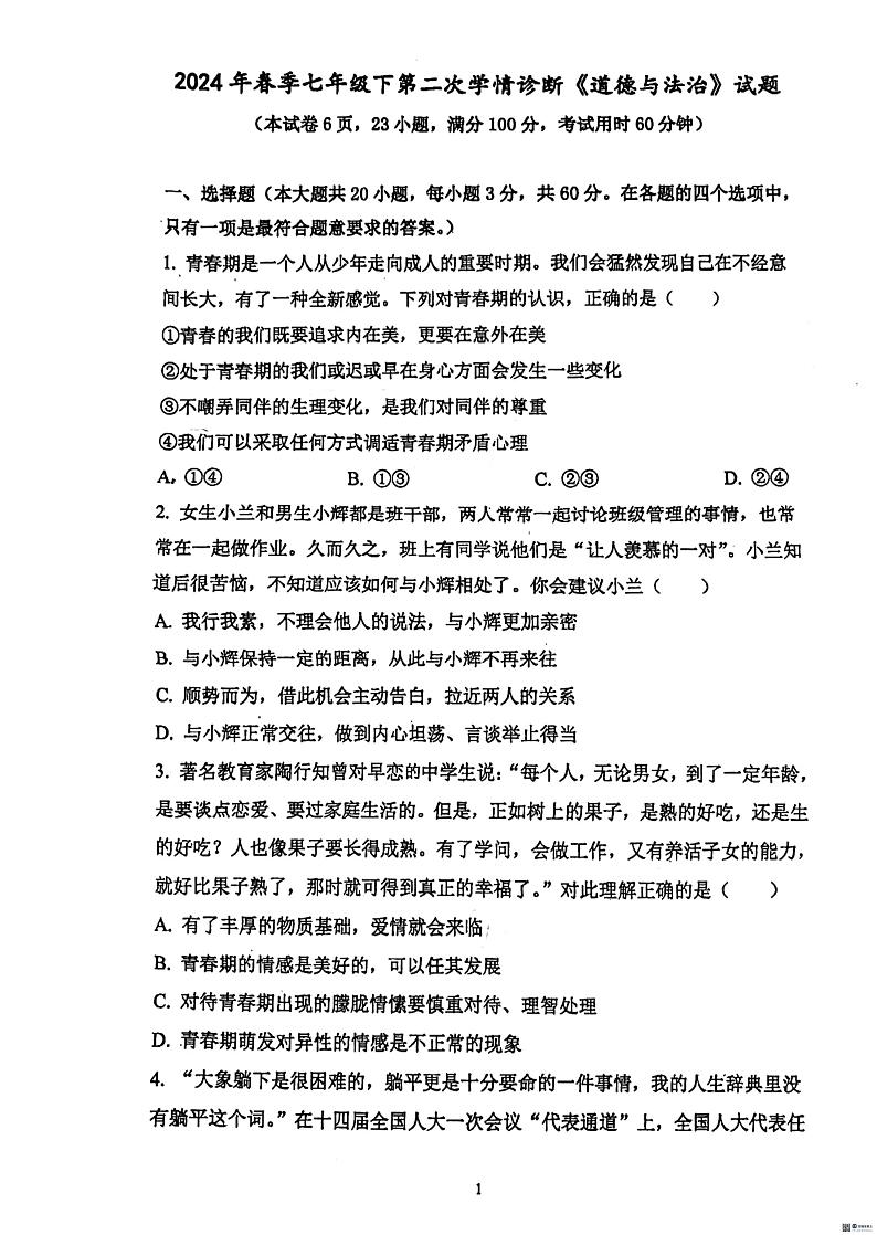 广东省惠州市惠阳区惠阳中山中学2023-2024学年七年级下学期5月期中道德与法治试题第1页