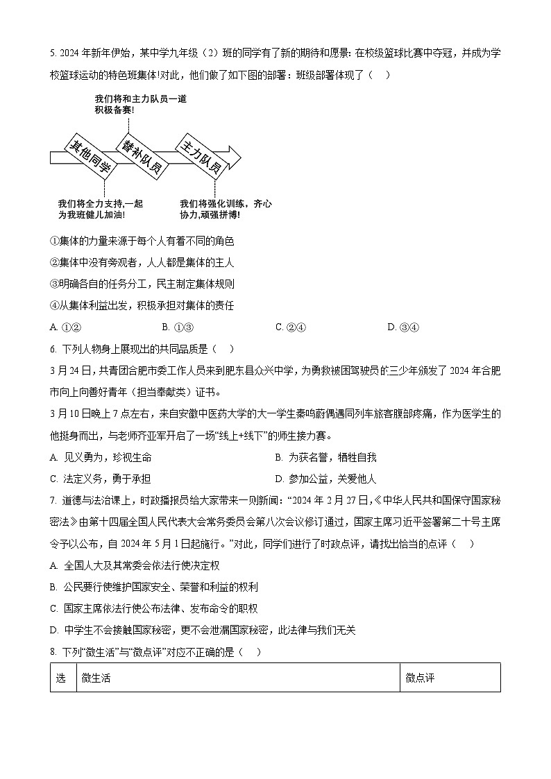 2024年安徽省合肥市肥西县中考二模道德与法治试题（原卷版+解析版）02