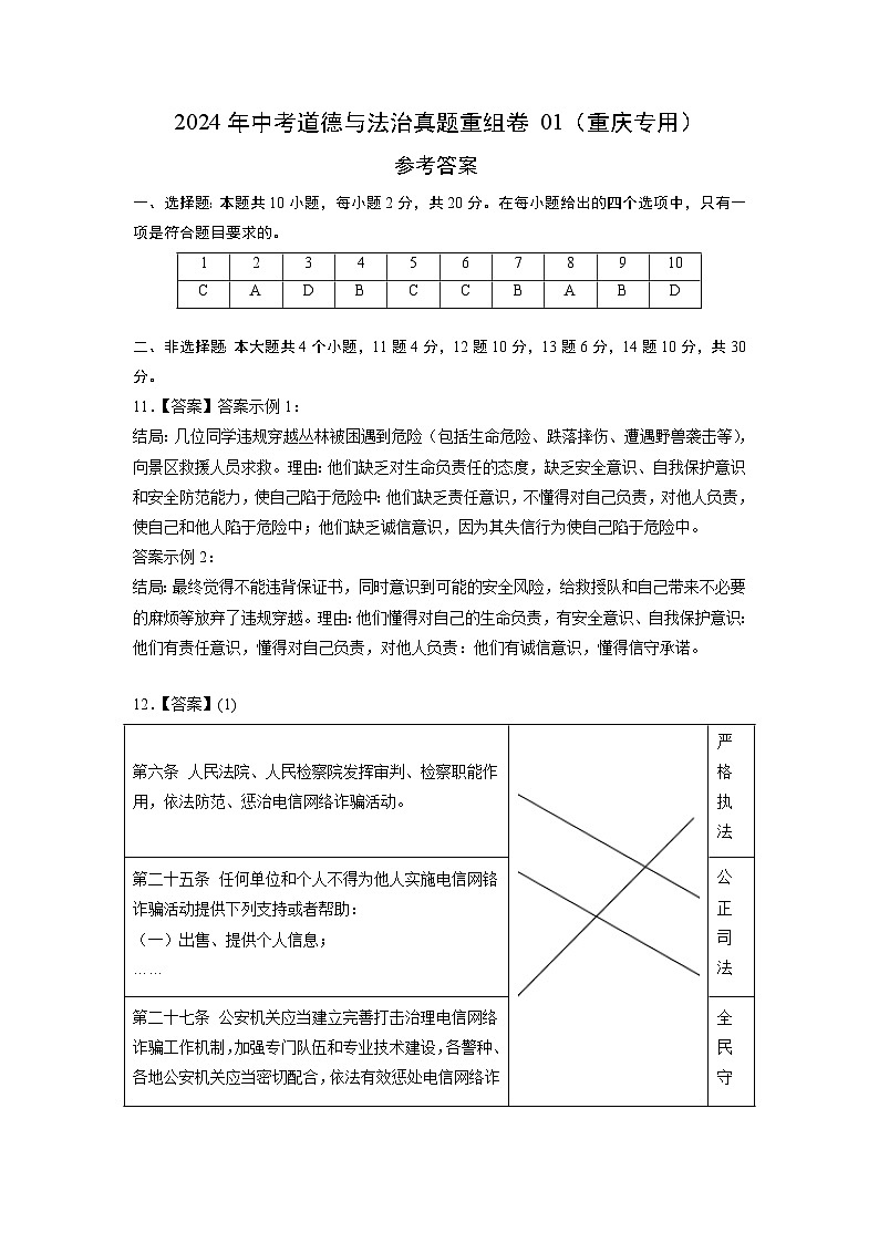 真题重组卷01（重庆专用）-2024年中考道德与法治真题重组卷01