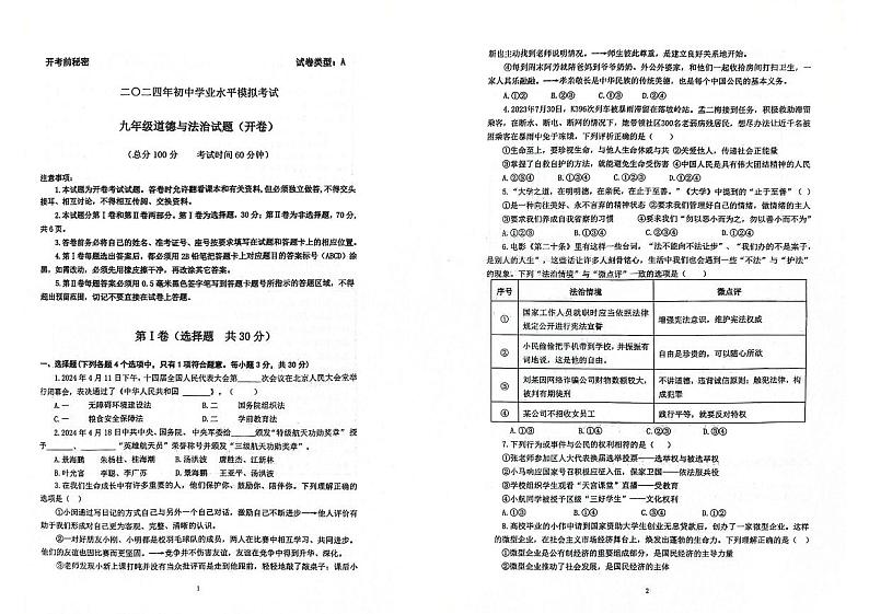 23，2024年山东省东营市中考二模道德与法治试题01