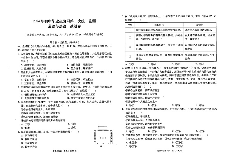 2024年初中毕业生复习第二次统一监测道德与法治试题卷第1页