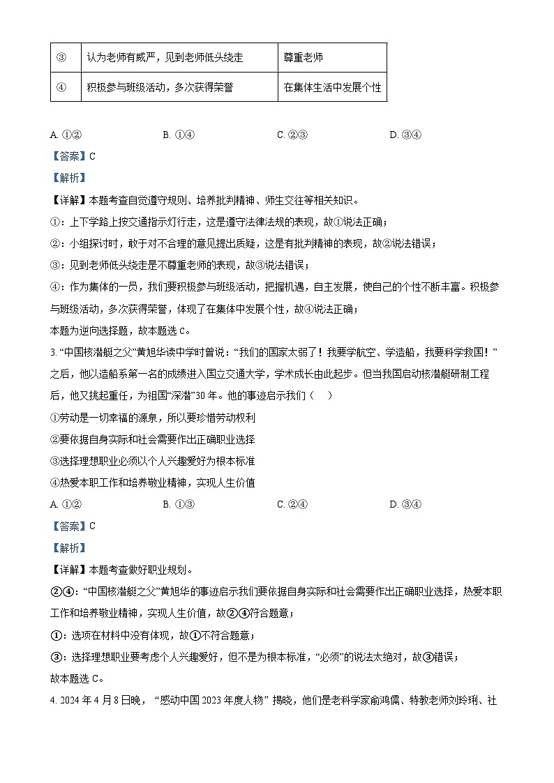 2024年湖南省汨罗市岳阳市中考一模道德与法治试题（原卷版+解析版）02