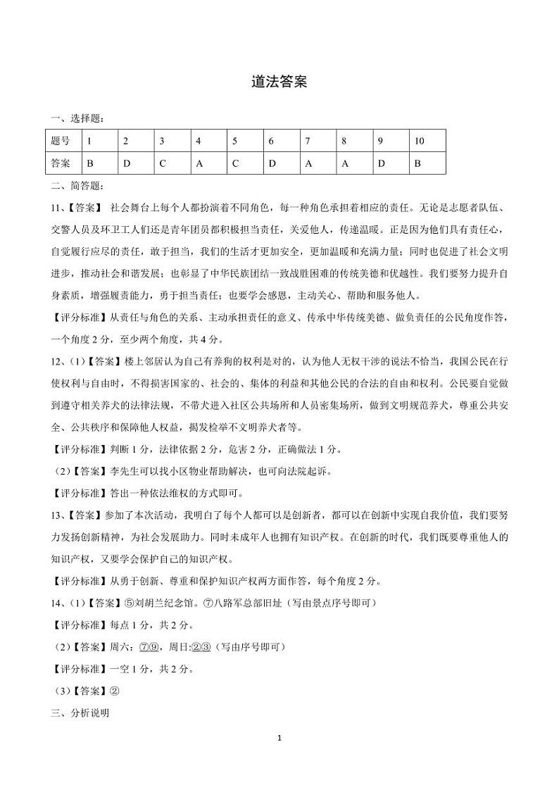 山西2024年中考一模道法（试卷+答案）01
