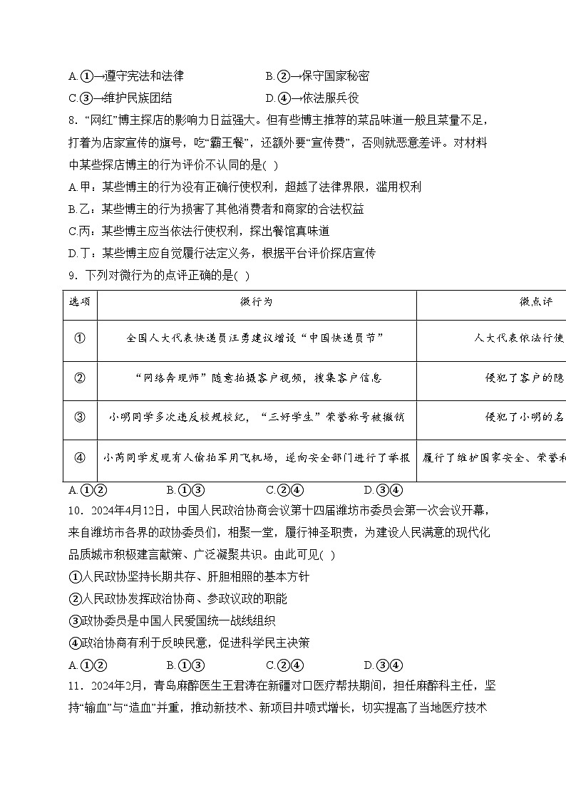 山东省潍坊市高密市2023-2024学年八年级下学期期中道德与法治试卷(含答案)03