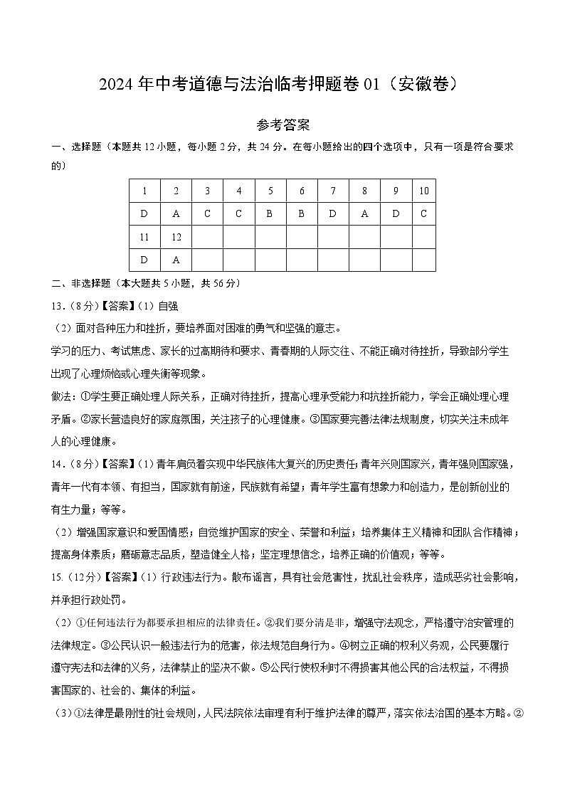 2024年中考道德与法治临考押题卷01（安徽卷）（参考答案）第1页