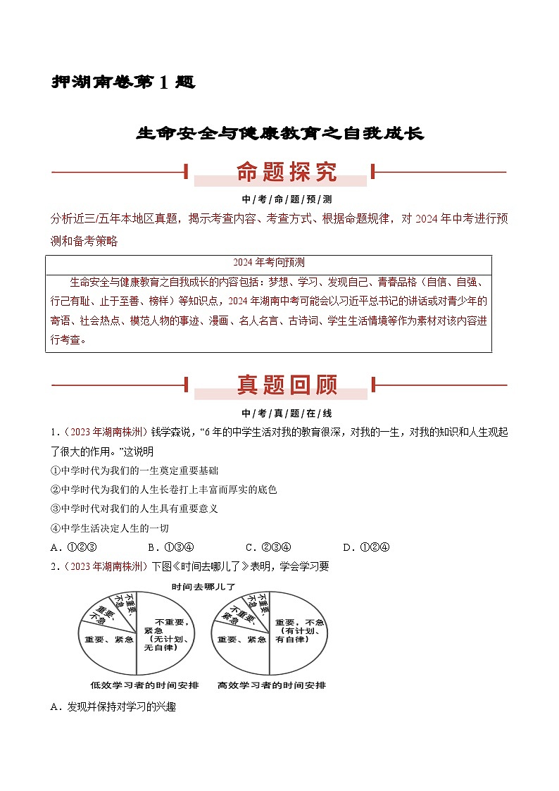 押湖南卷第1题 自我成长-备战2024年中考道德与法治临考三轮冲刺题号押题（湖南专用）01
