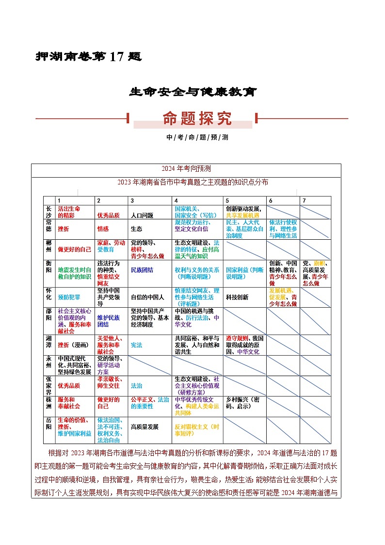 押湖南卷第17题  生命安全与健康教育-备战2024年中考道德与法治临考三轮冲刺题号押题（湖南专用）01