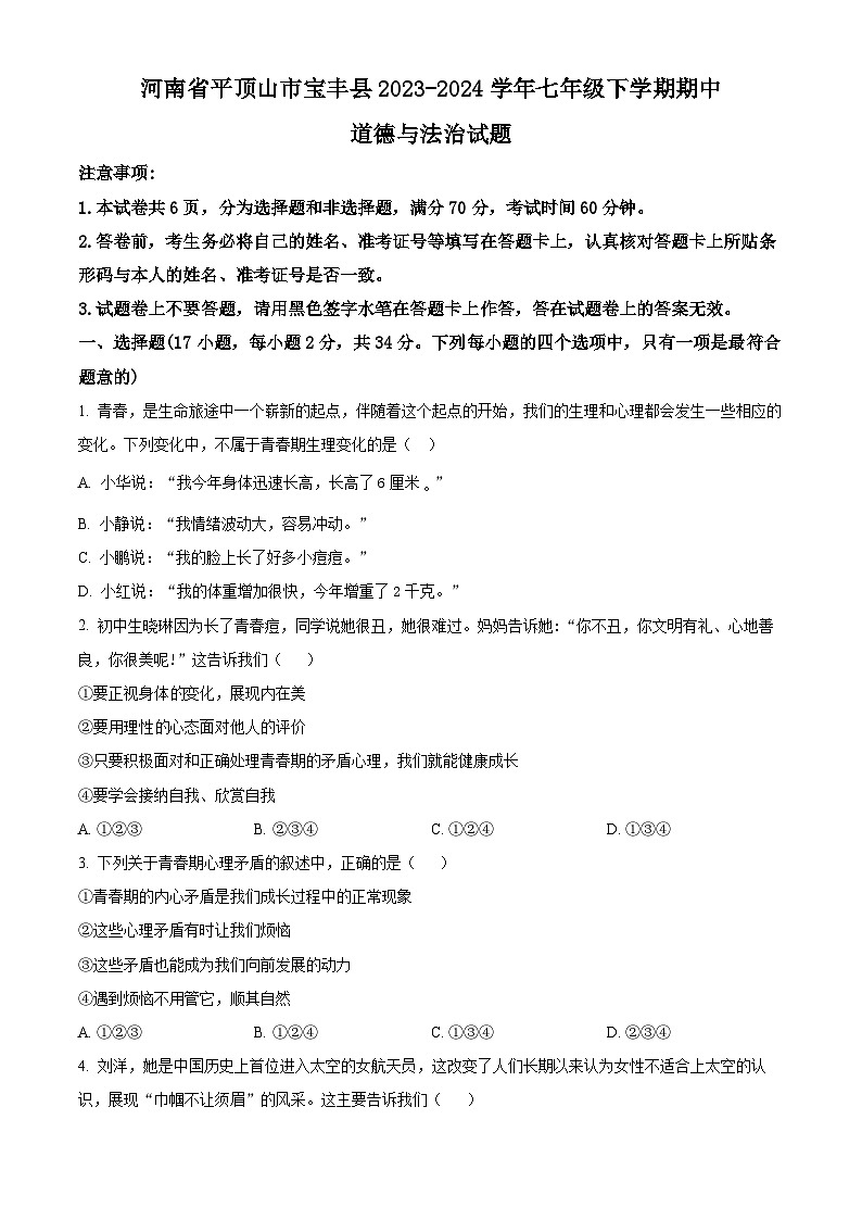 河南省平顶山市宝丰县2023-2024学年七年级下学期期中道德与法治试题（学生版）第1页