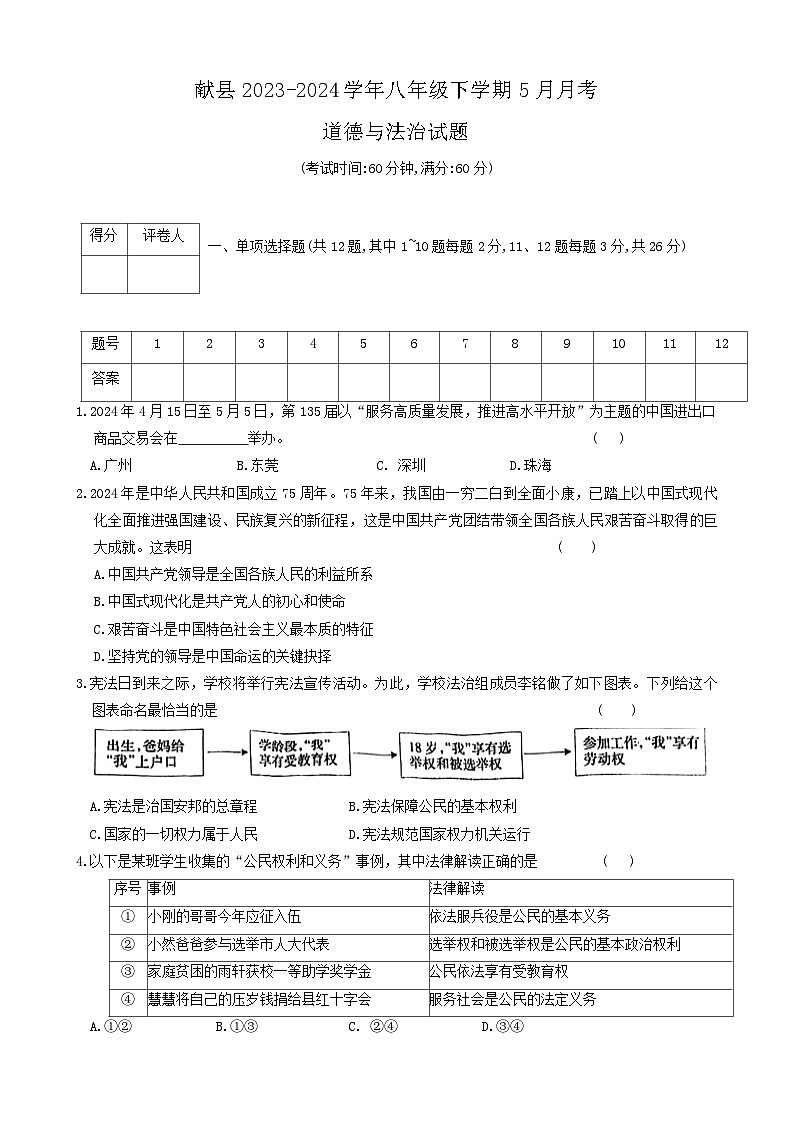 河北省沧州市献县2023-2024学年八年级下学期5月月考道德与法治试题第1页