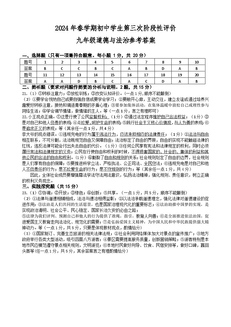 2024年春学期九年级学生第三次阶段性评价道德与法治参考答案第1页
