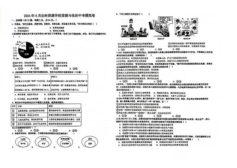 2024年广东省深圳市福田区红岭中学中考三模道德与法治试卷第1页