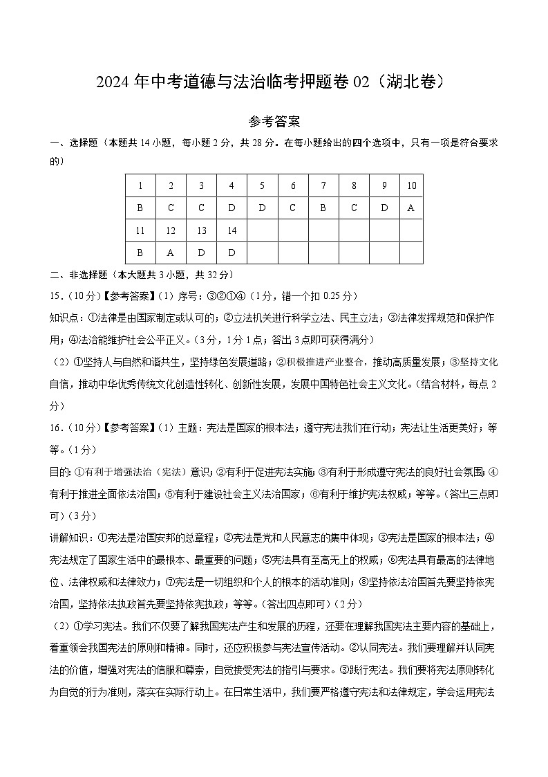 2024年中考道德与法治临考押题卷02（湖北卷）（参考答案）第1页