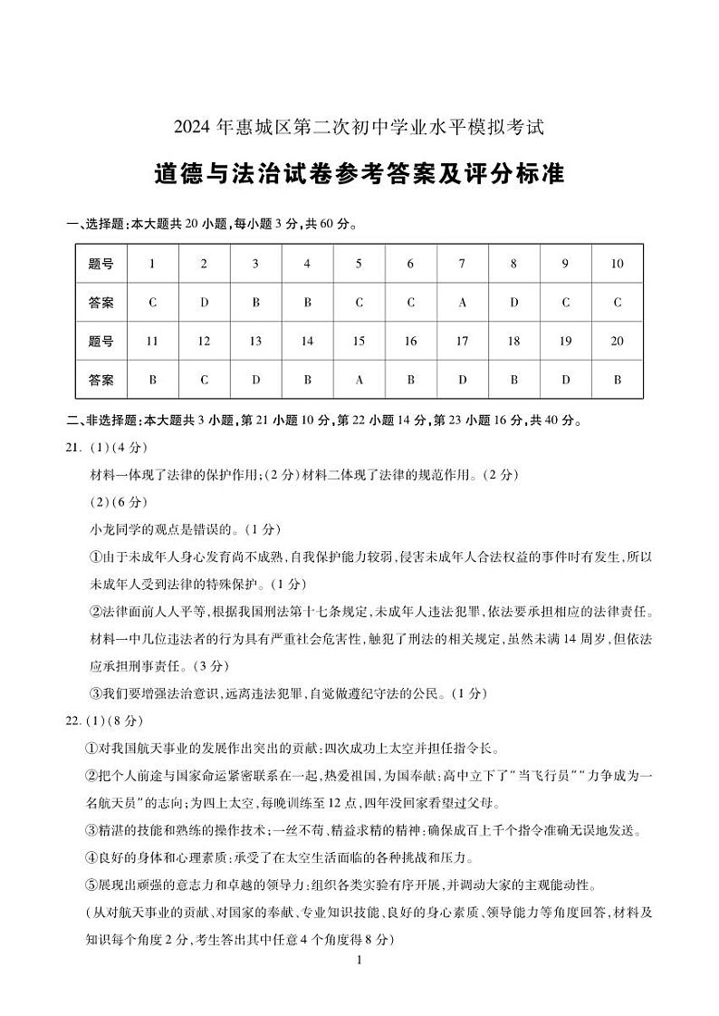 07-2024道法答案惠城区第二次初中学业水平模拟考试01