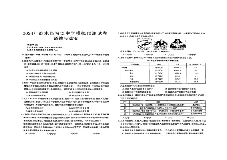 2024年河南省周口市商水县希望初级中学中考模拟预测道德与法治试题第1页