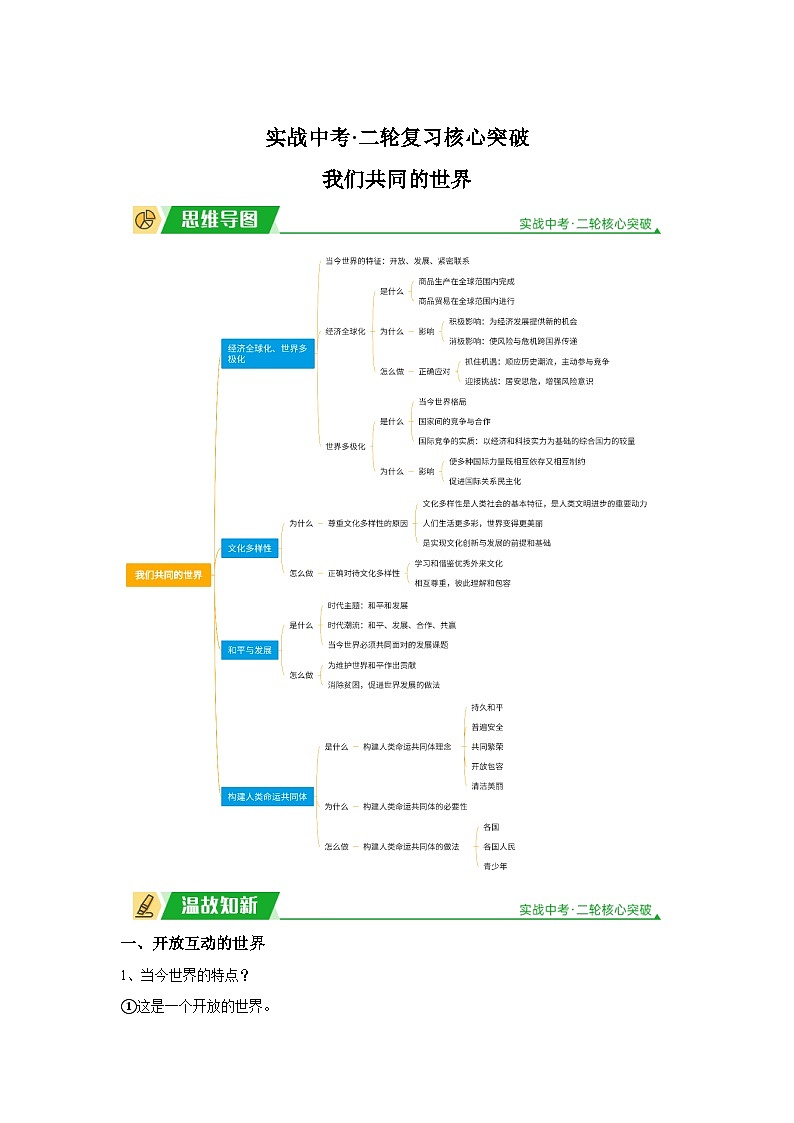 2024年道德与法治实战中考二轮复习核心突破我们共同的世界 学案(含解析)第1页