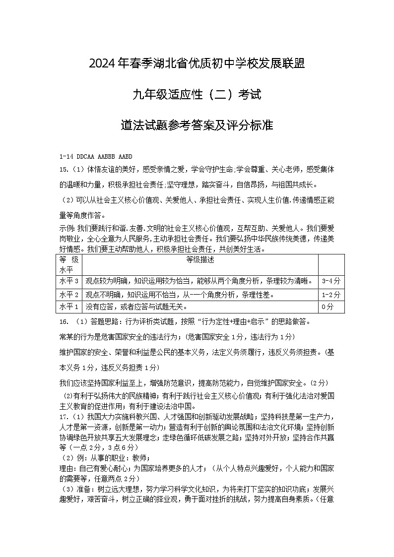 九年级适应性二考试道法——参考答案及评分标准第1页