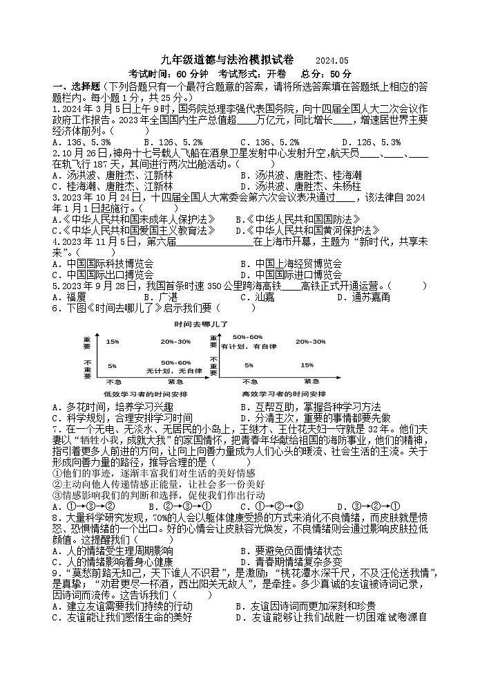 2024年江苏省扬州市邗江区实验学校中考三模道德与法治试题01