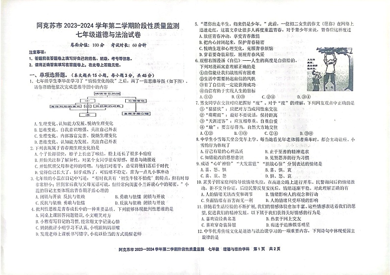 新疆维吾尔自治区阿克苏地区阿克苏市2023-2024学年七年级下学期6月期中道德与法治试题第1页