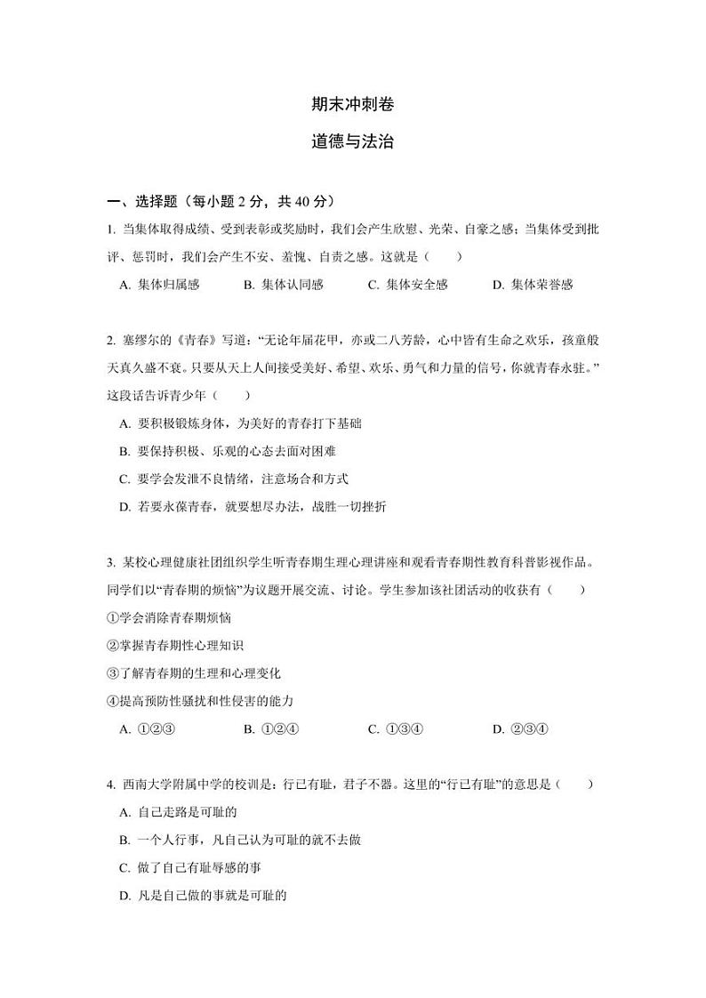 七年级下册道德与法治期末冲刺卷（二）第1页