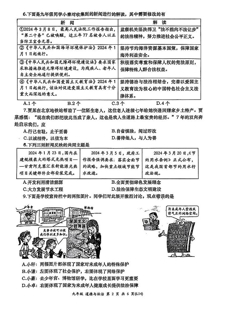 2024年陕西省西安市高新第一中学中考第九次模拟道德与法治试题02