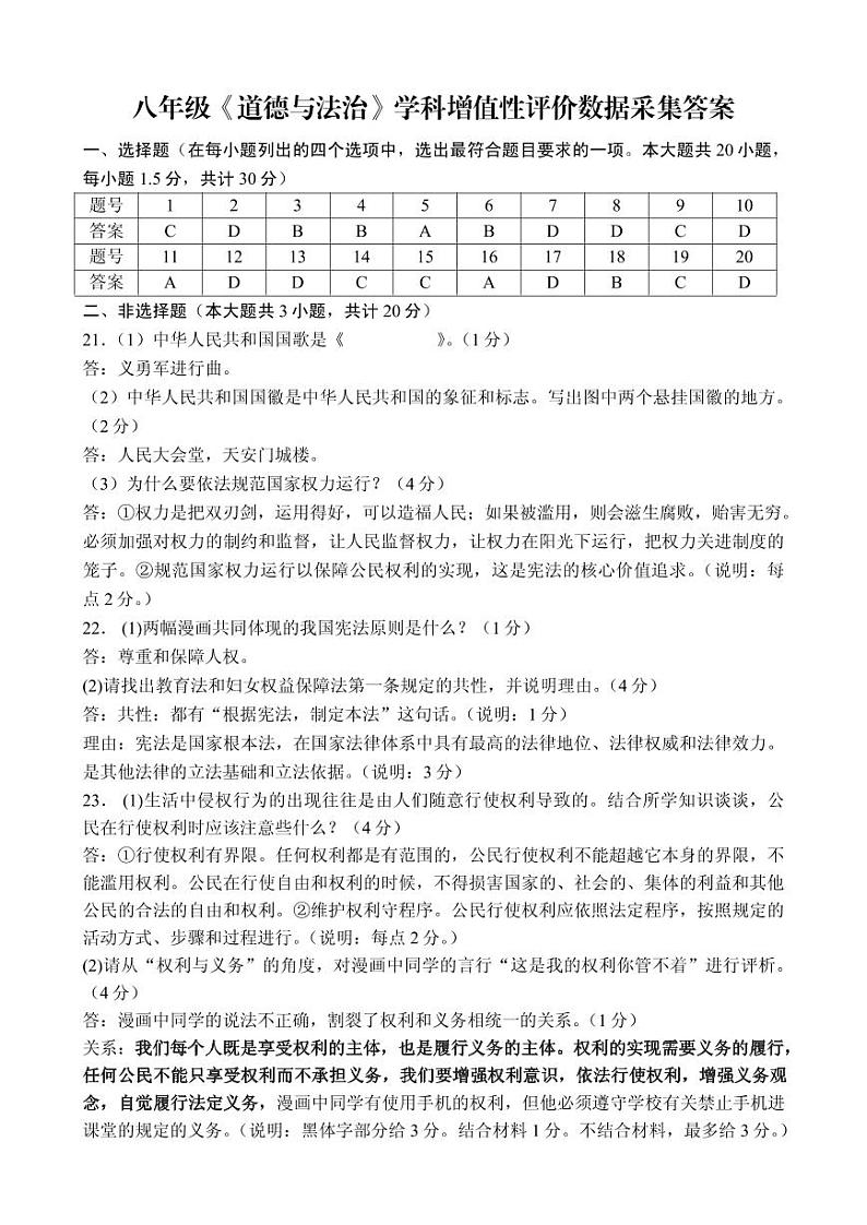 八年级政治参考答案第1页