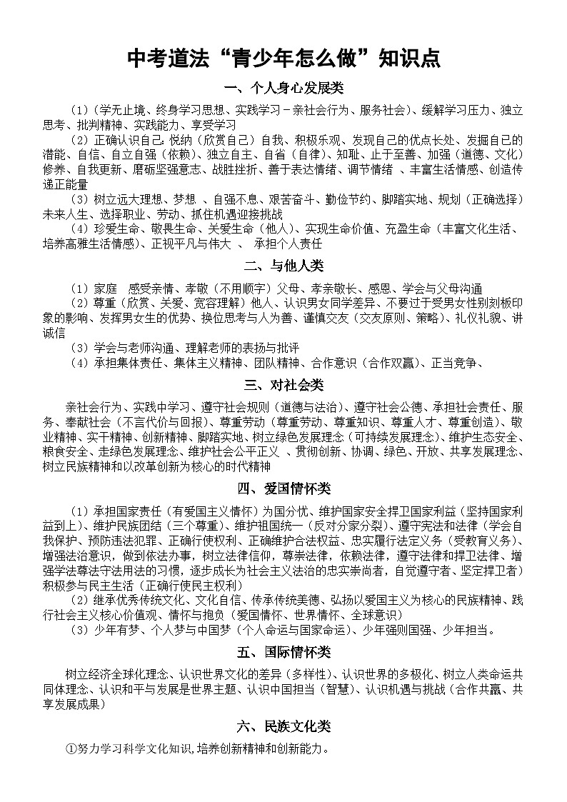 初中道德与法治2024届中考 “青少年怎么做”知识点分类汇总（共23类）01