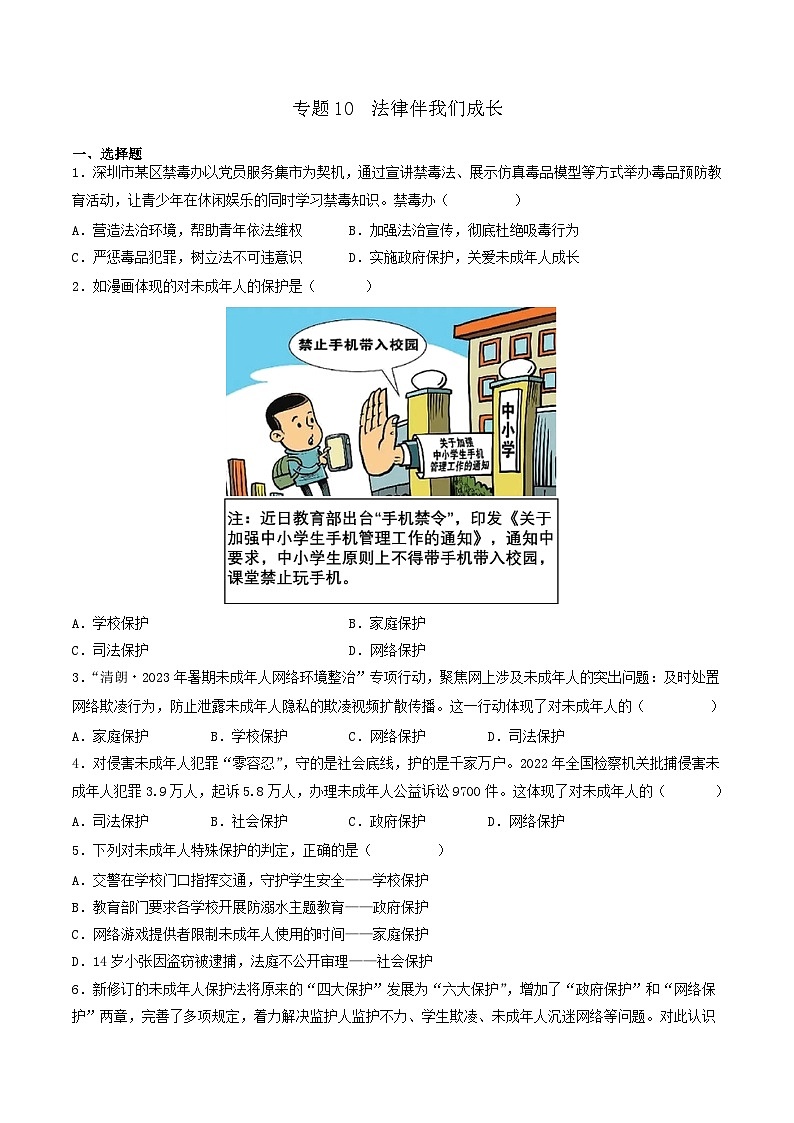 【期末复习】专题10：法律伴我们成长-七年级下册道德与法治期中期末考点梳理（部编版）（原卷版）第1页