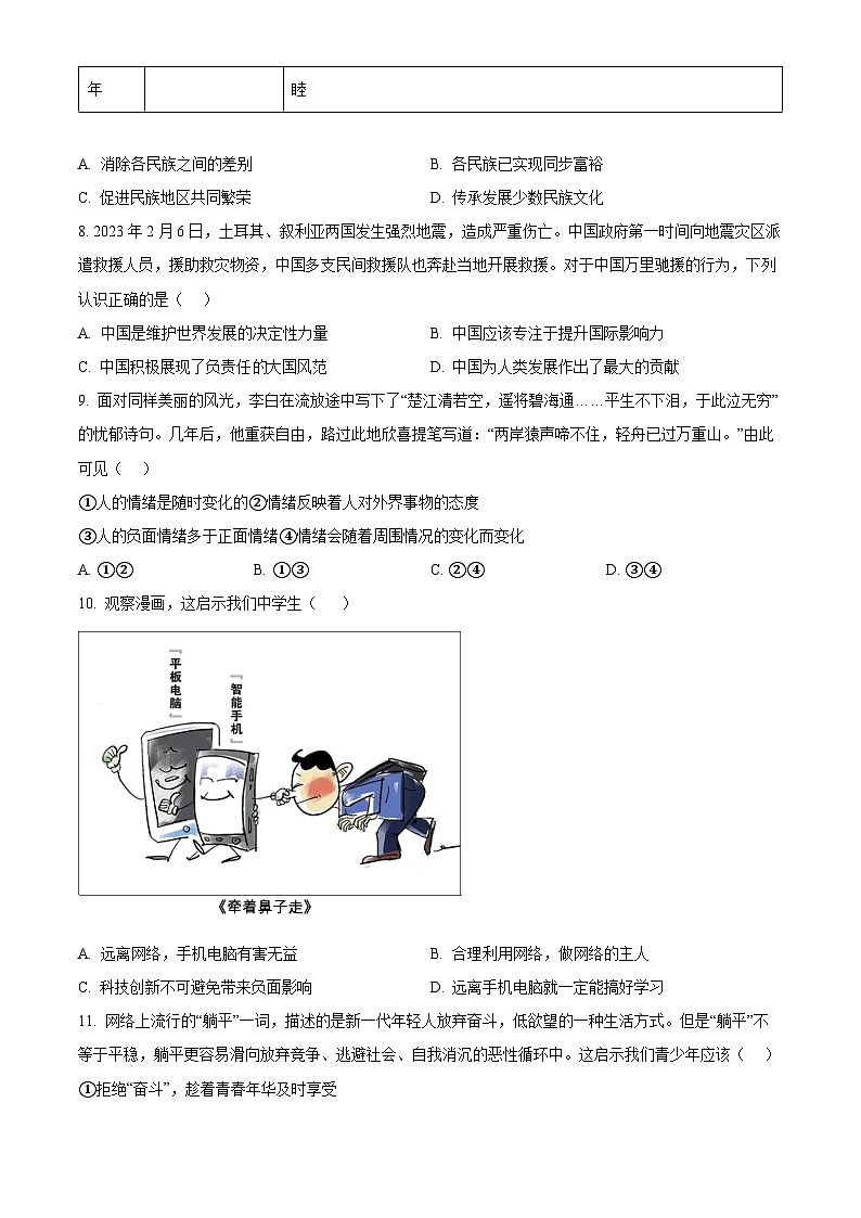 2024年贵州省黔东南苗族侗族自治州从江县翠里中学中考二模道德与法治试题（原卷版+解析版）03