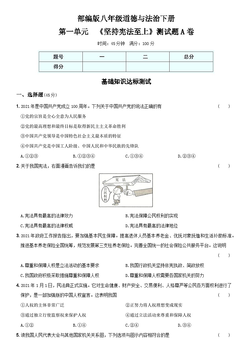 【单元测试】（卷01）第一单元  《坚持宪法至上》测试题A卷-八年级道德与法治下学期综合模拟卷01